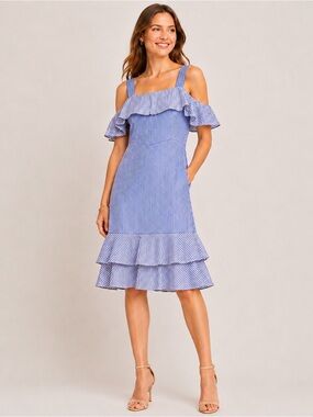 J.Crew Collection Silk Striped Cold Shoulder Midi Dress Blue White Ruffle G6263